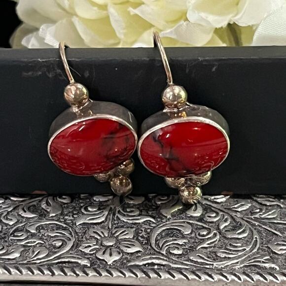 NEW Taxco Vintage Mexican 925 Sterling Silver Red Jasper Boho Dangle Earrings - Picture 1 of 12